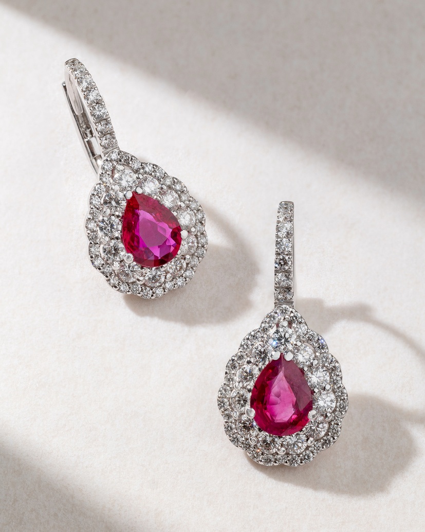 18K White Gold Drop Earrings with Rubies and Diamonds