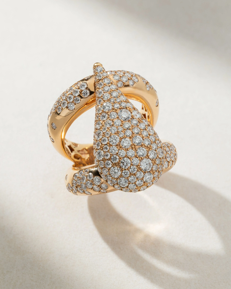 18K Rose Gold Long Diamond Ring with Diamond Drop