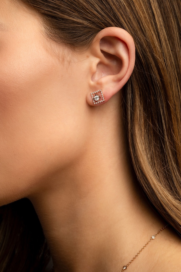 18K Rose Gold Earrings with Square Diamond Outline - Image 4