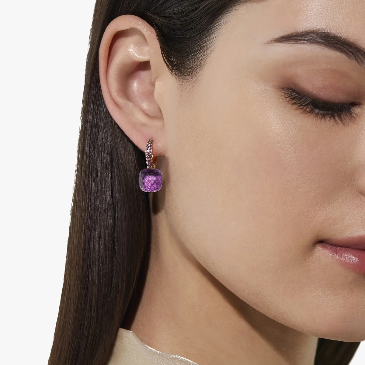 Nudo earrings in 18k rose and white gold with amethysts and jades