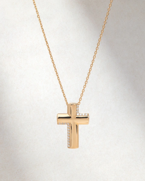 Κλασσικός Σταυρός με Αλυσίδα από 18Κ Ροζ Χρυσό με Brilliant-Cut Διαμάντια