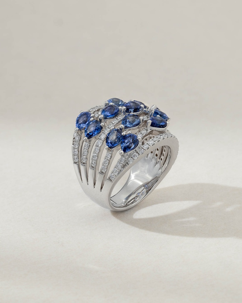 Raindrops 18K White Gold Ring with Sapphires and Diamonds