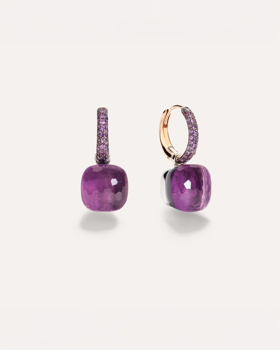 Nudo earrings in 18k rose and white gold with amethysts and jades