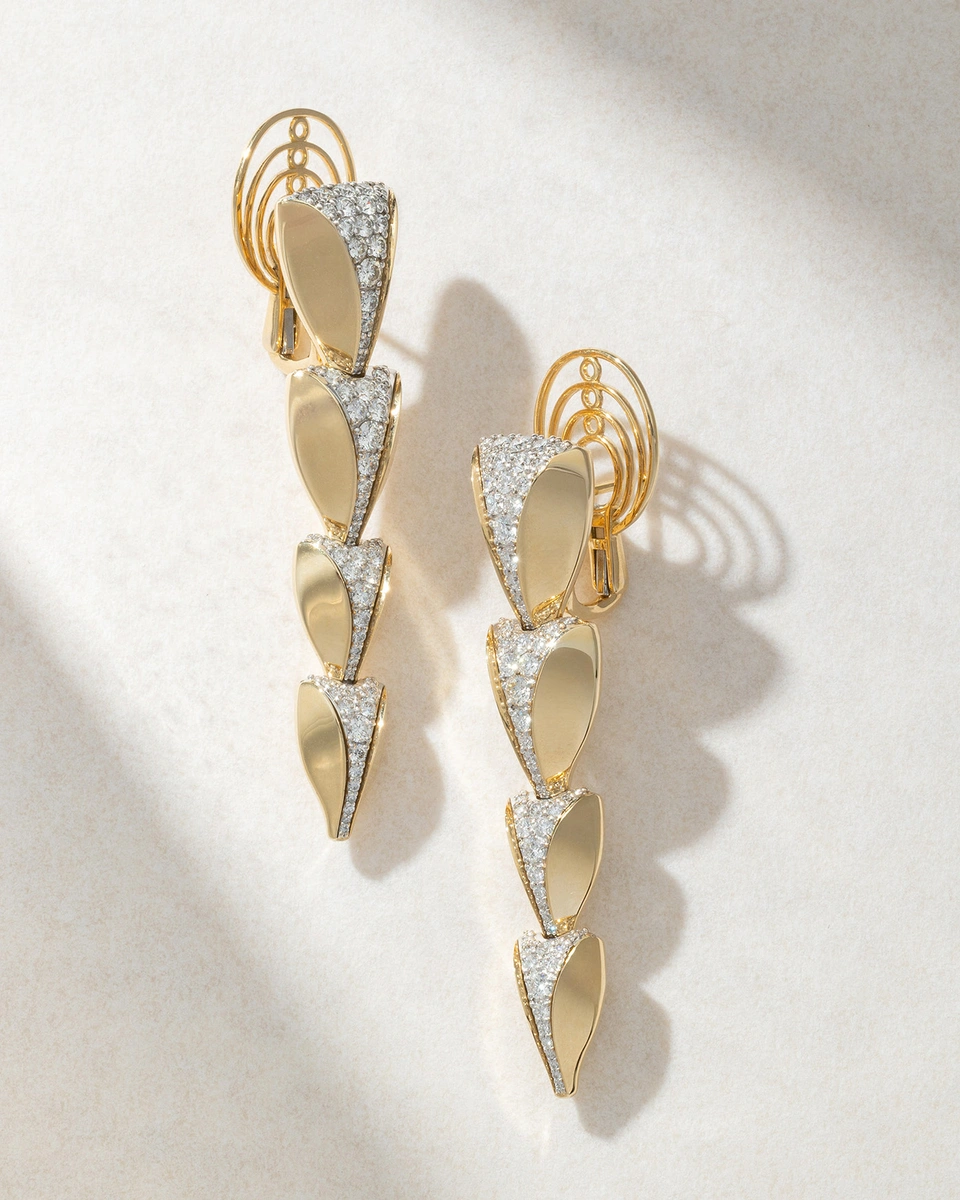 18K Long Yellow and White Gold Earrings with Diamonds