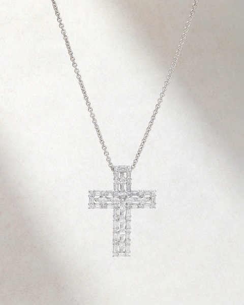Σταυρός από 18Κ Λευκό Χρυσό με Baguette, Navette και Brilliant-Cut Διαμάντια