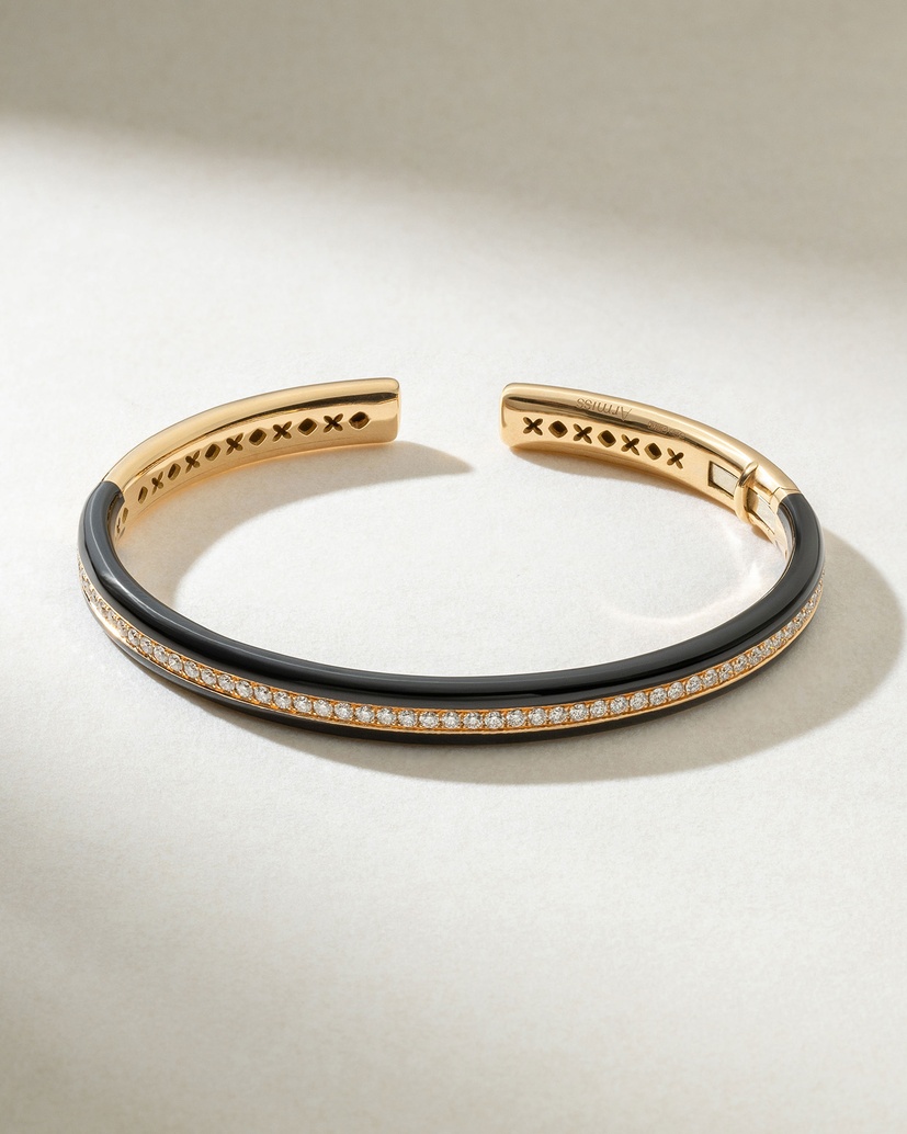 18K Rose Gold Black Enamel and Diamonds Cuff Bracelet