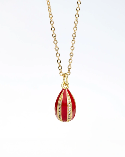 Gold-Plated Egg Necklace with Red and Gold Enamel and White Stones