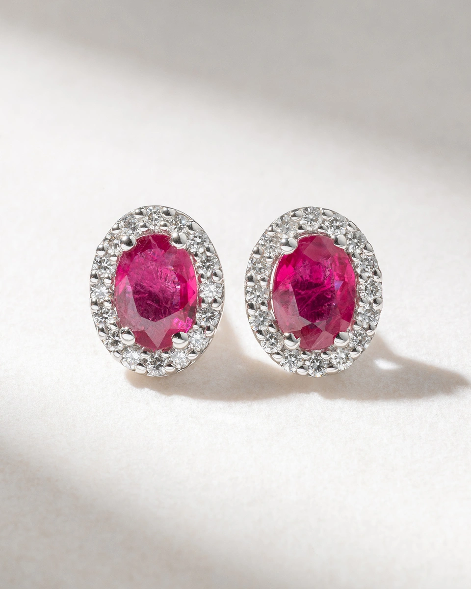 18K White Gold Earrings with Oval Rubies and Diamonds