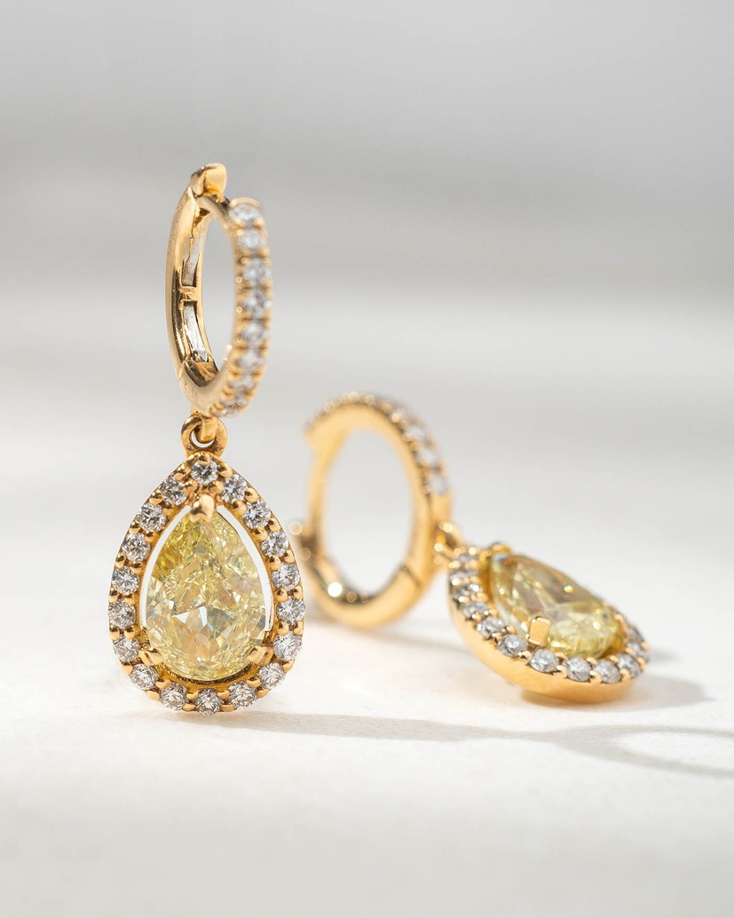 18K Rose Gold Drop Earrings with Fancy Yellow Pear Shaped Diamonds