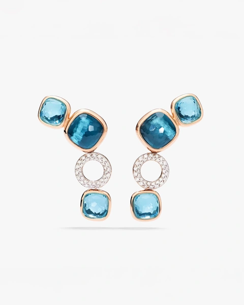 Pomellato Nudo Earrings in 18K Rose and White Gold with Brilliant-Cut Diamonds and Sky & London Blue Topaz