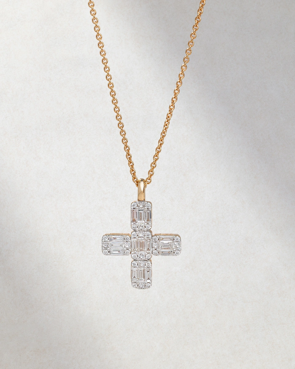 Cross in 18K Rose Gold with Brilliant-cut, Baguette, and Princess-cut diamonds