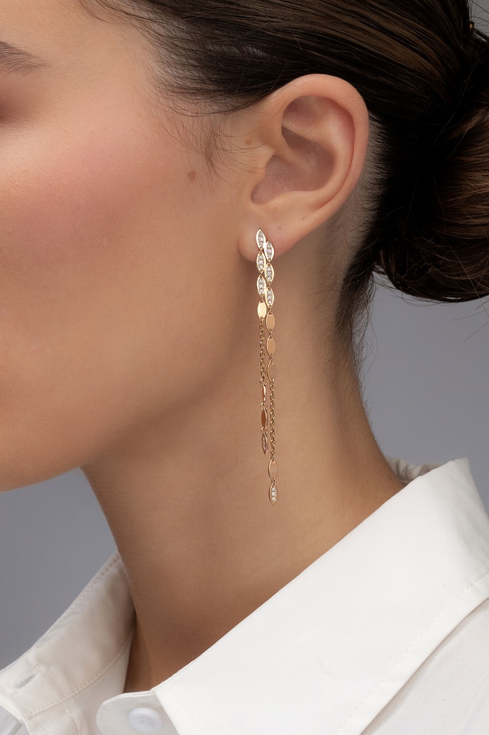 18K Long Rose Gold Earrings with Leaves and Diamonds