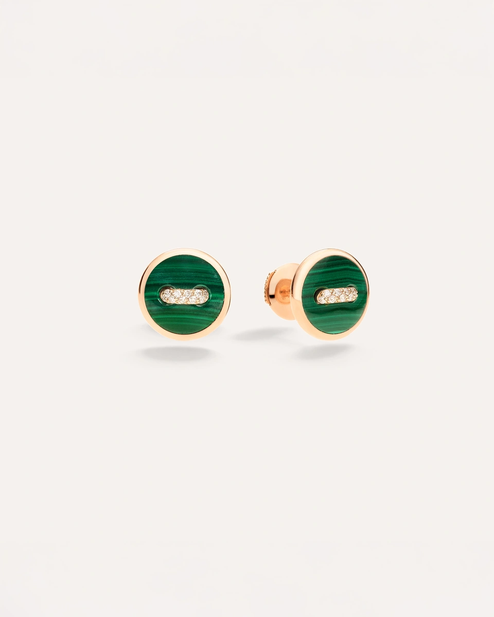 Pom Pom Dot Earrings in 18k rose gold with 2 Malachites and 20 white diamonds