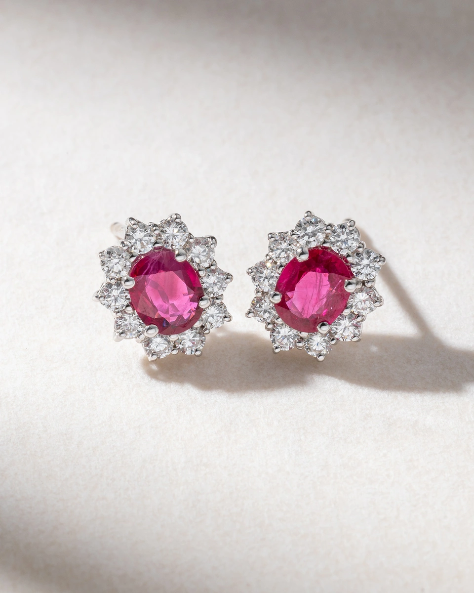 18K White Gold Earrings with Oval Rubies and Diamonds