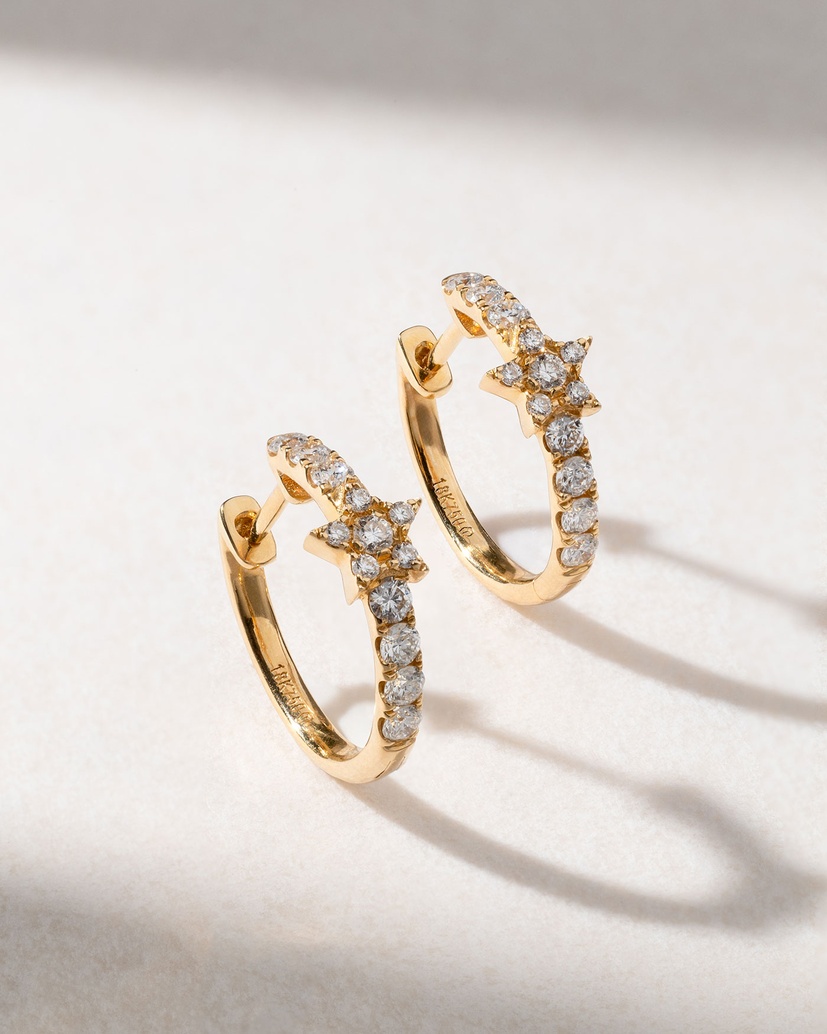 Yellow Gold Hoop Earrings Κ18 with Brilliant Diamonds and Stars