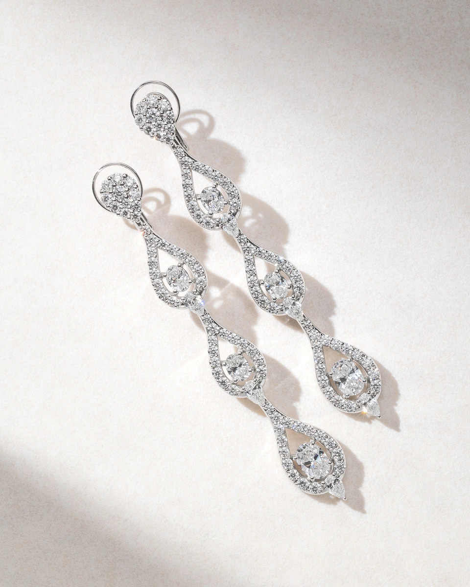 18Κ White Gold Long Earrings with Oval, Brilliant and Pear Shaped Diamonds