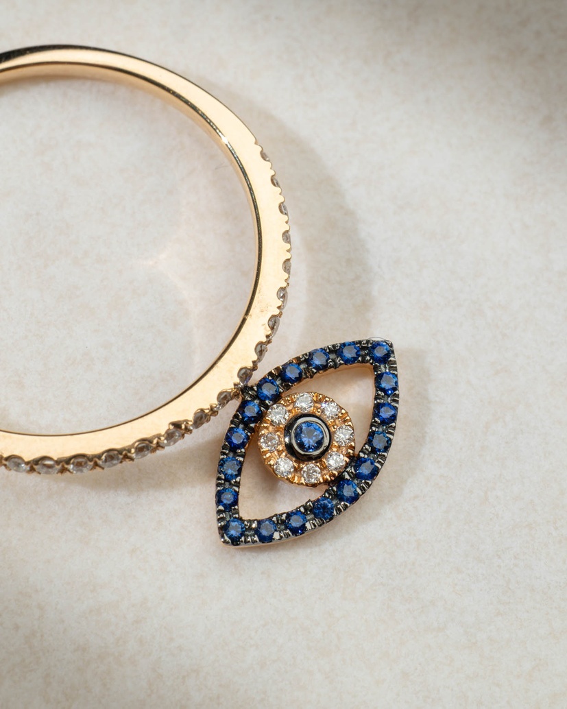 Evil Eye 18K Rose Gold Ring with Blue Sapphires and Diamonds