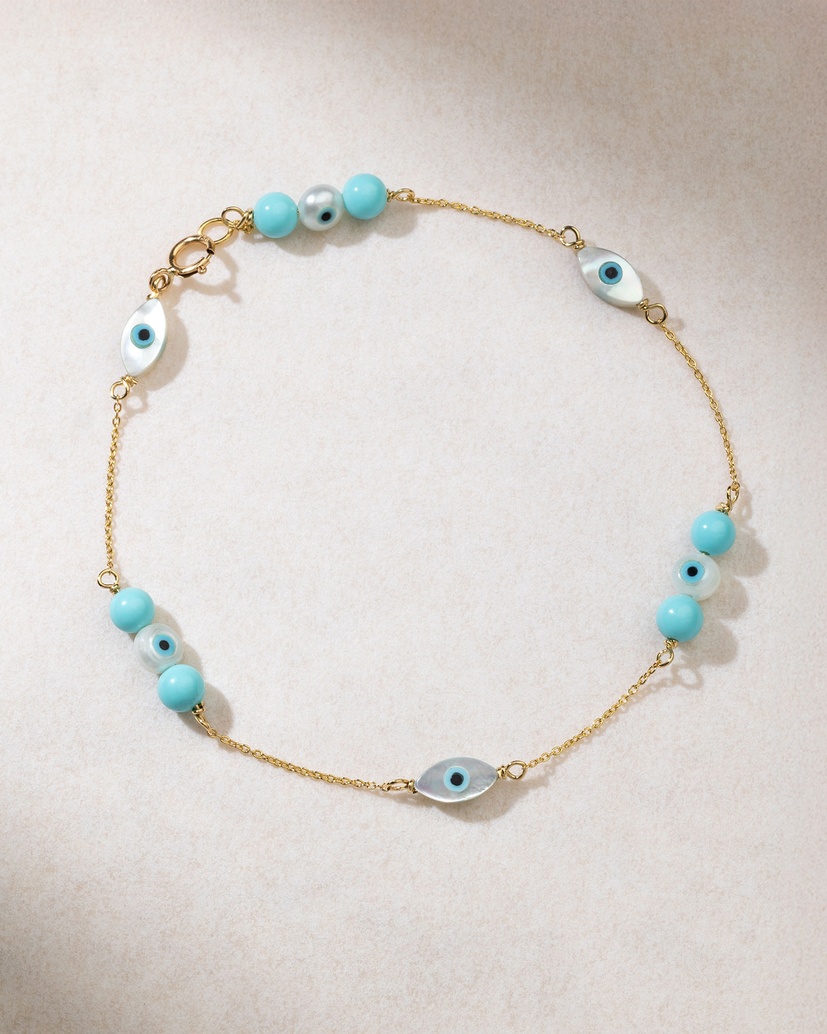 18K Yellow Gold Turquoise and Mother of Pearl Bracelet