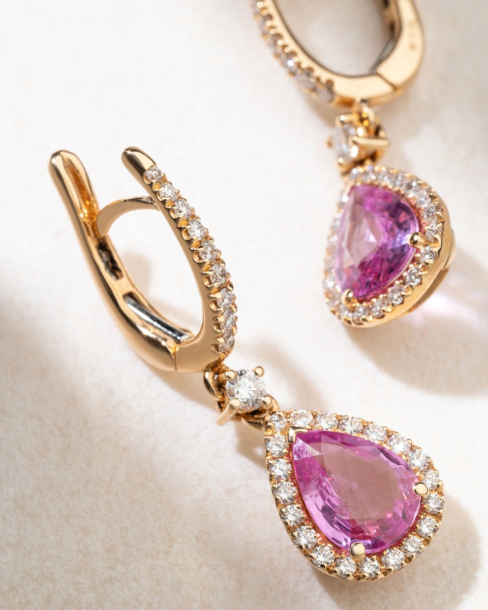 18K Rose Gold Drop Earrings with Diamonds and Pear Shaped Pink Sapphires