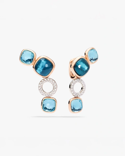 Pomellato Nudo Earrings in 18K Rose and White Gold with Brilliant-Cut Diamonds and Sky & London Blue Topaz