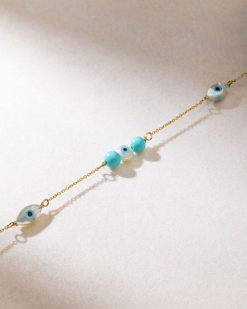 18K Yellow Gold Turquoise and Mother of Pearl Bracelet