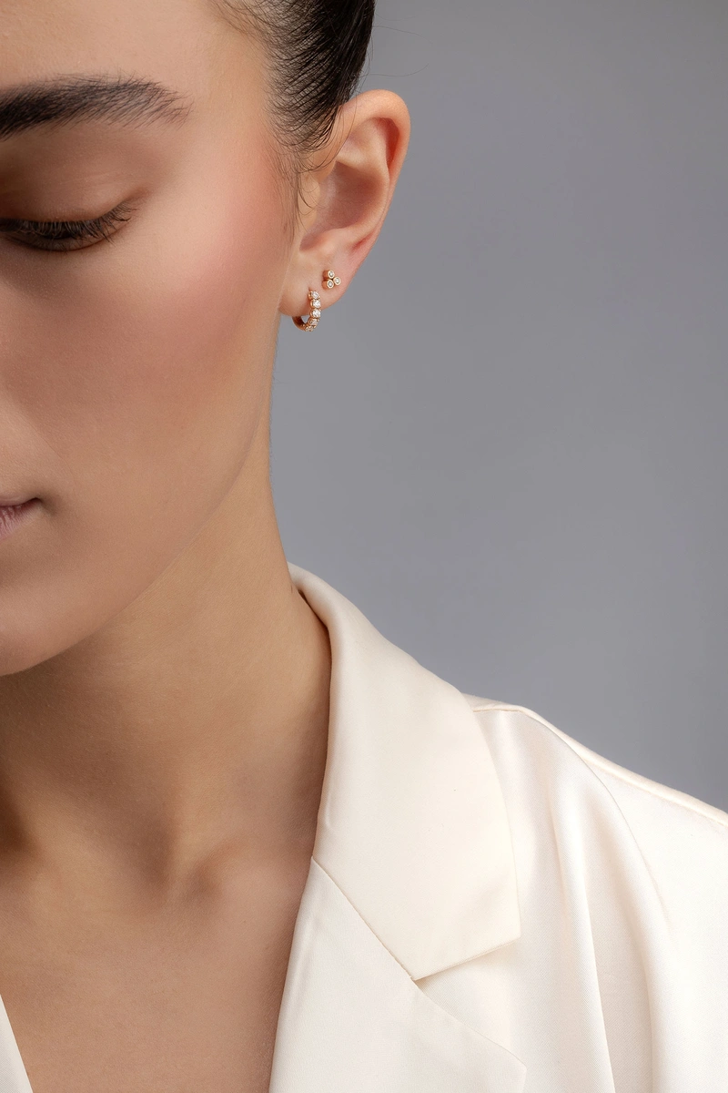 Σκουλαρίκια Μικροί Κρίκοι σε Ροζ Χρυσό Κ18 με Μπριγιάν