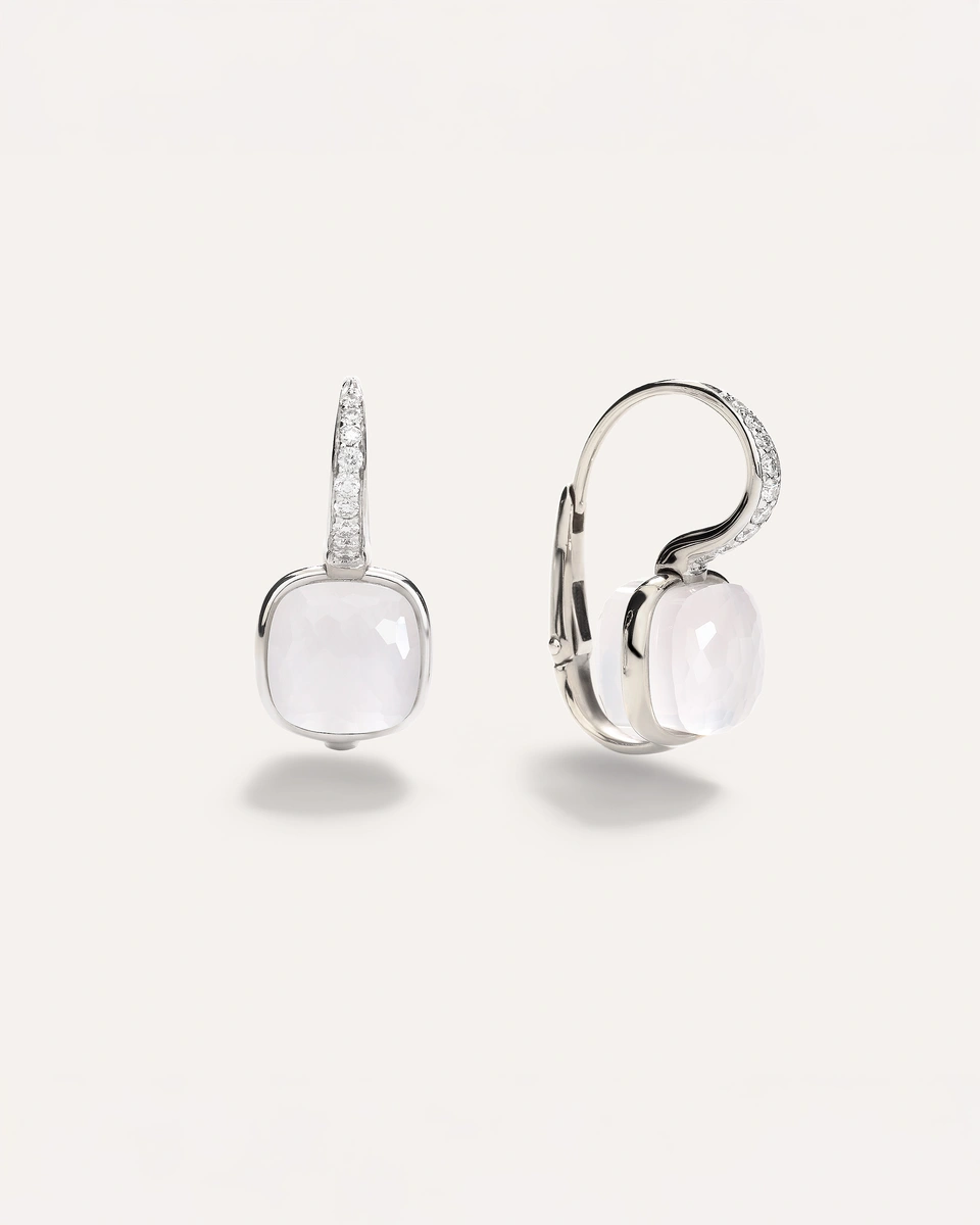 Nudo Earrings in 18k Manganese white gold with 2 milky quartzes and 18 white diamonds (≈0.2 ct)