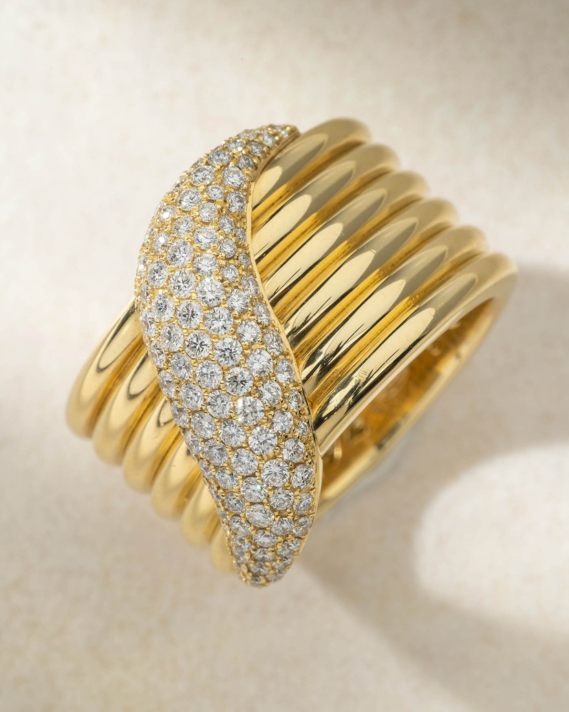 Stacked effect Pave’ Diamond 18K Yellow Gold Ring