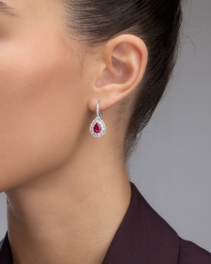 18K White Gold Drop Earrings with Rubies and Diamonds