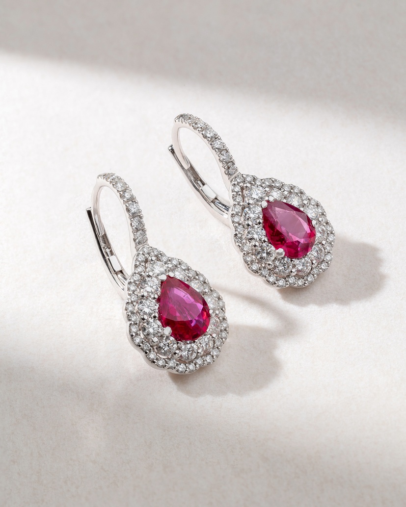 18K White Gold Drop Earrings with Rubies and Diamonds