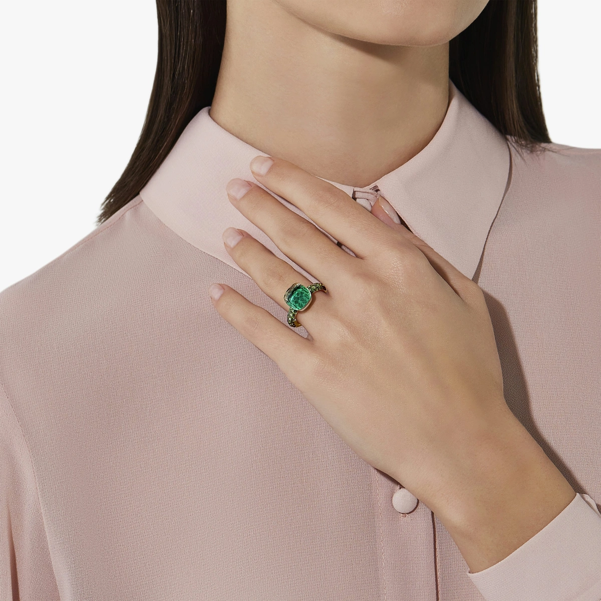 Nudo ring in 18k rose and white gold with prasiolite, malachite and tsavorites