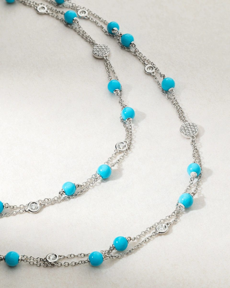 18K White Gold Long Necklace with Turquoise and Diamonds