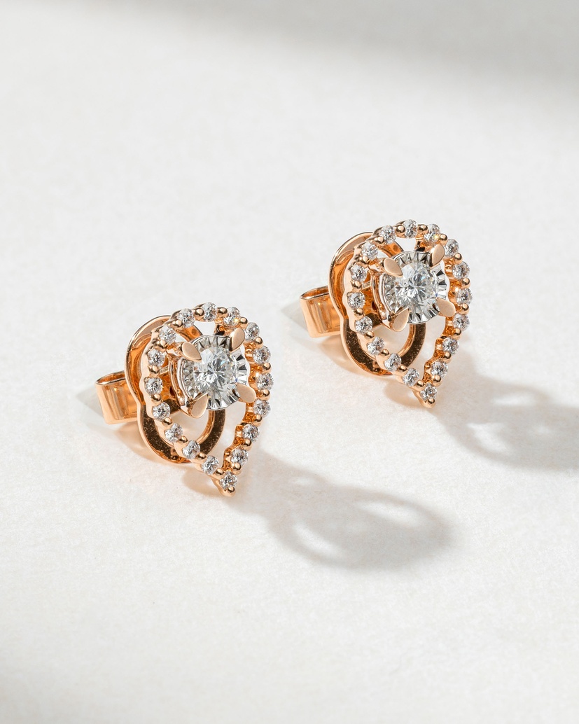 18K Rose Gold Earrings with Pear Shaped Outline and Diamonds - Image 1