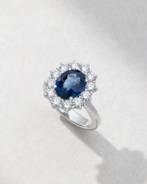 Ring in 18K White Gold with Oval Shape Sapphire and Brilliant Cut Diamonds