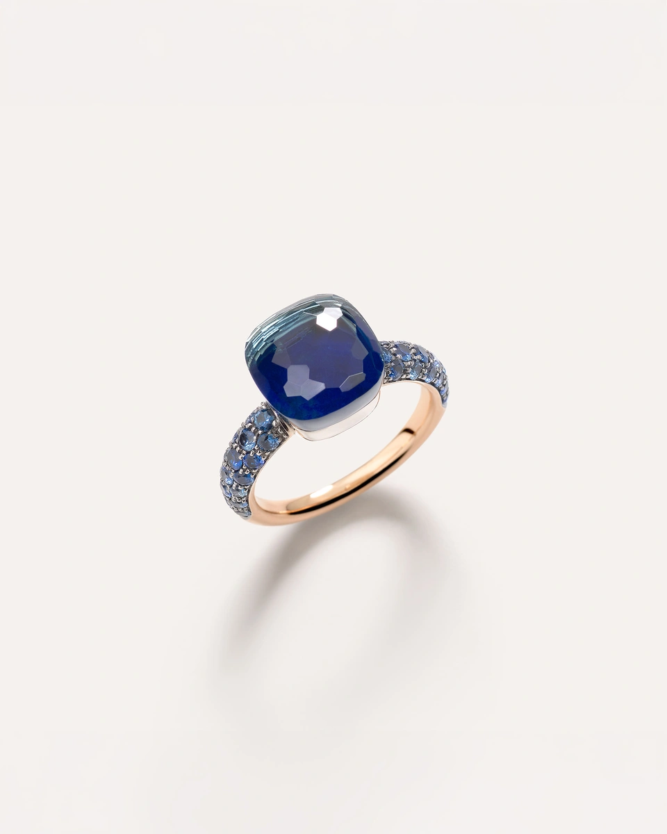 Nudo Petit ring in 18k rose and white gold with london blue topaz, lapis (≈6.5 cts) and blue sapphires