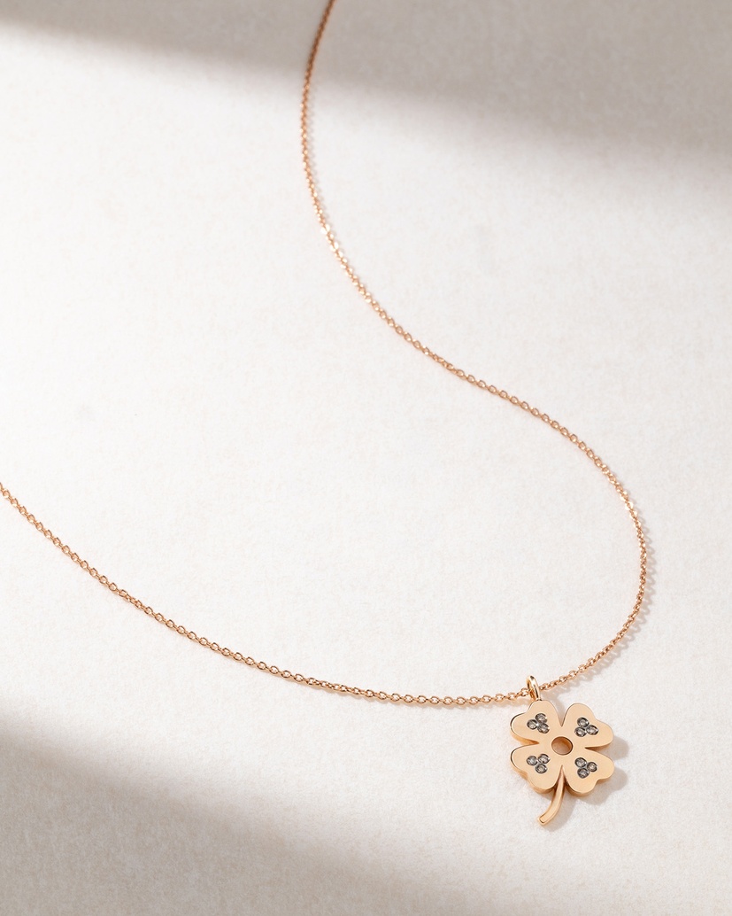 18K Rose Gold Necklace with a Four Leaf Clover and Brown Diamonds