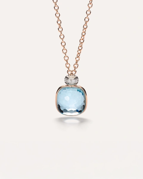 Nudo necklace with pendant in 18k rose and white gold with blue topaz and white diamonds