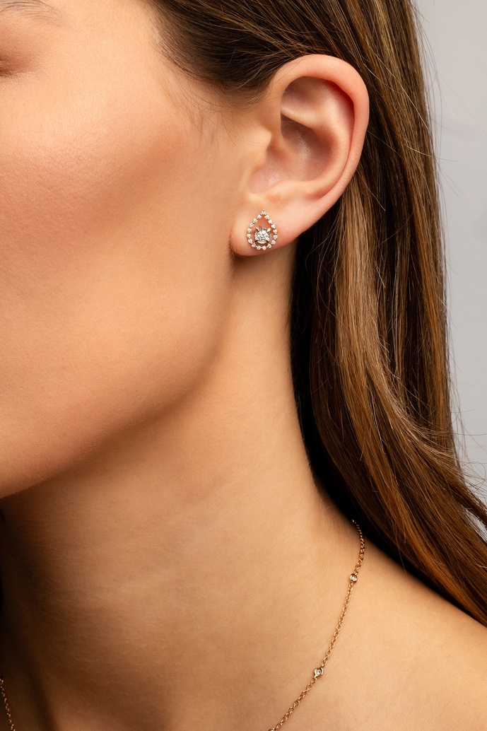 18K Rose Gold Earrings with Pear Shaped Outline and Diamonds - Image 2