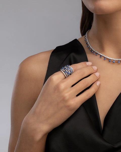 Δαχτυλίδι Βροχή Λευκόχρυσο 18Κ με Ζαφείρια και Μπριγιάν