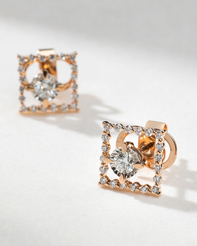 18K Rose Gold Earrings with Square Diamond Outline - Image 1