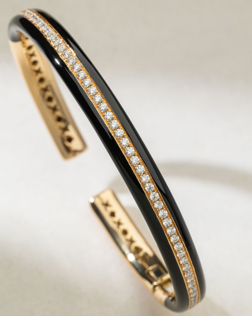 18K Rose Gold Black Enamel and Diamonds Cuff Bracelet