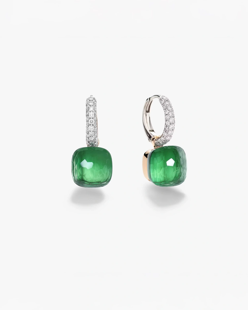 Pomellato Nudo Classic Earrings in 18K Rose and White Gold with Brilliant-Cut Diamonds, Green Agate and Prasiolite