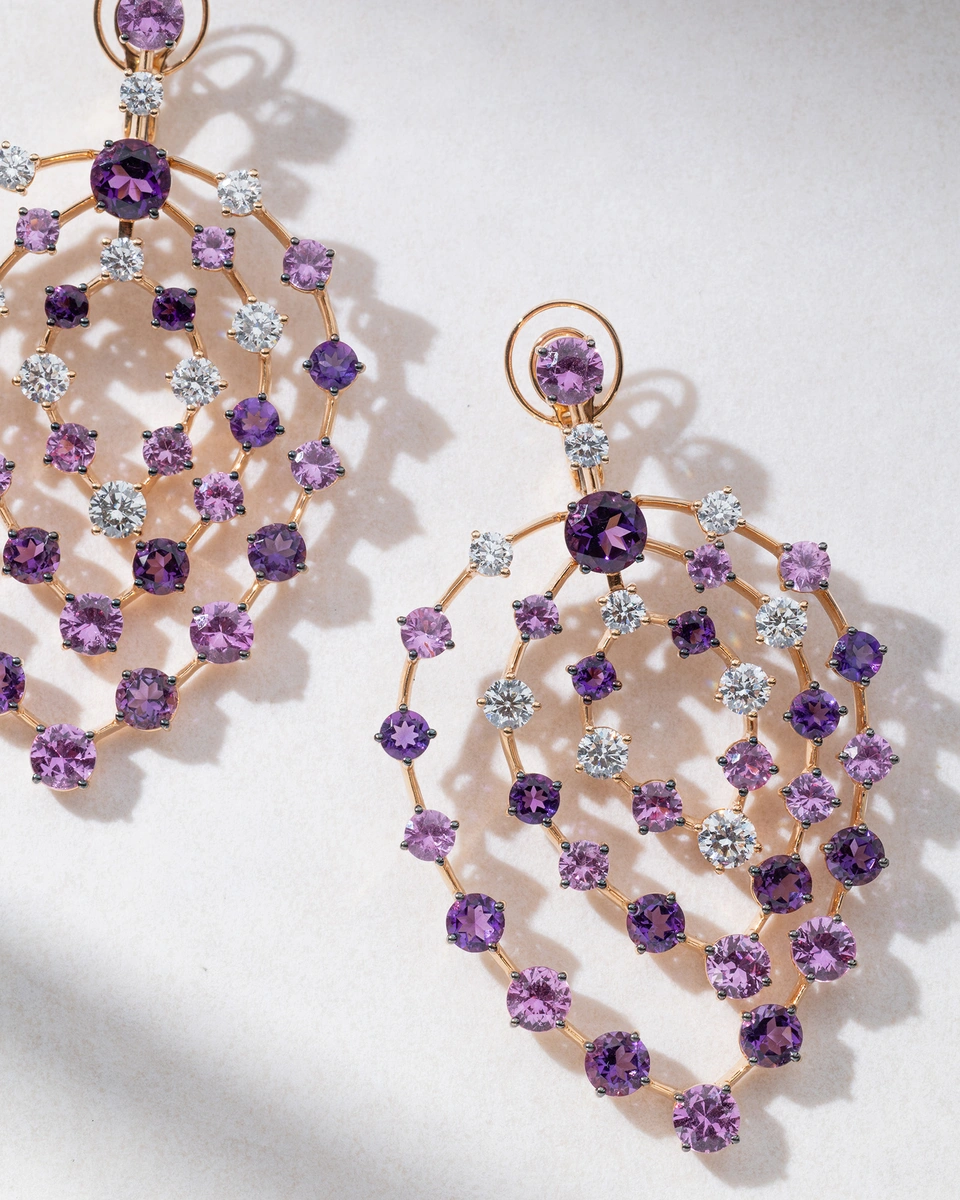 18K Rose Gold Earrings with Amethysts, Diamonds and Pink Sapphires