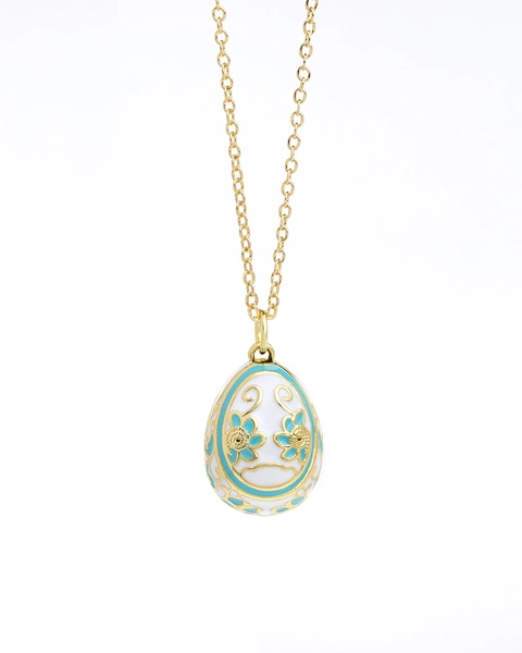 Gold-Plated Egg Necklace with White and Light Blue Enamel