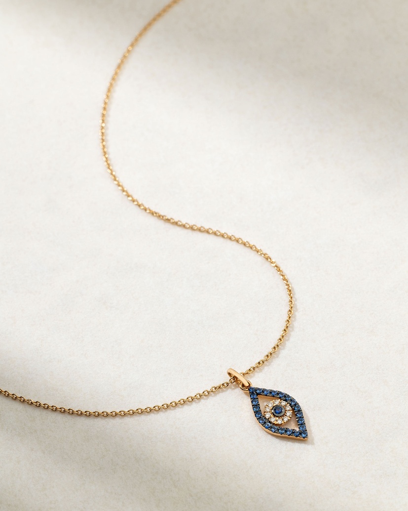 18K Rose Gold Vertical Talisman Necklace with Sapphires and Diamonds