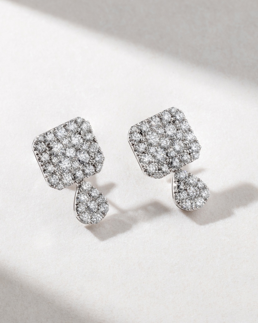 18K White Gold Square Drop Diamond Earrings