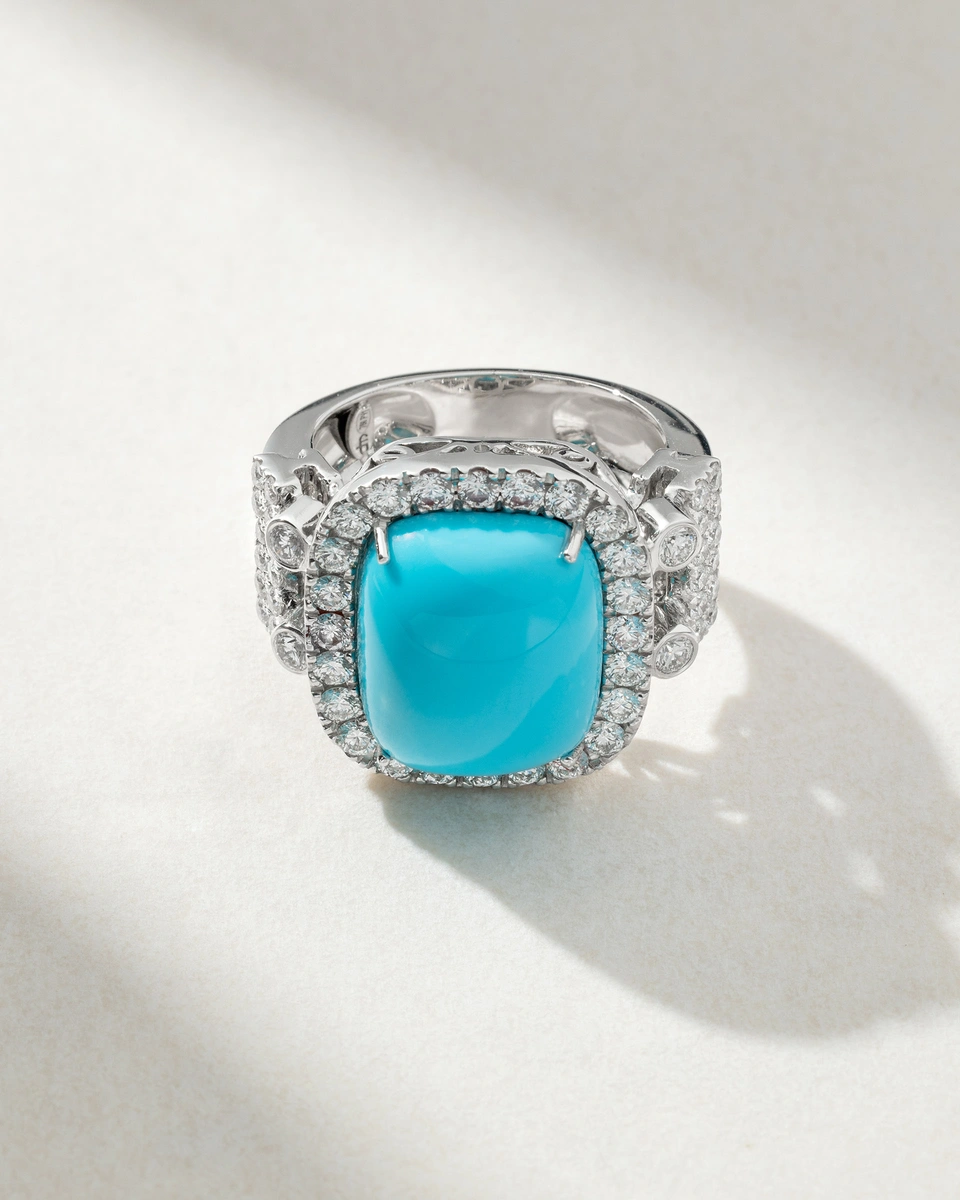 18Κ White Gold Ring with a Turquoise Gem and Diamonds