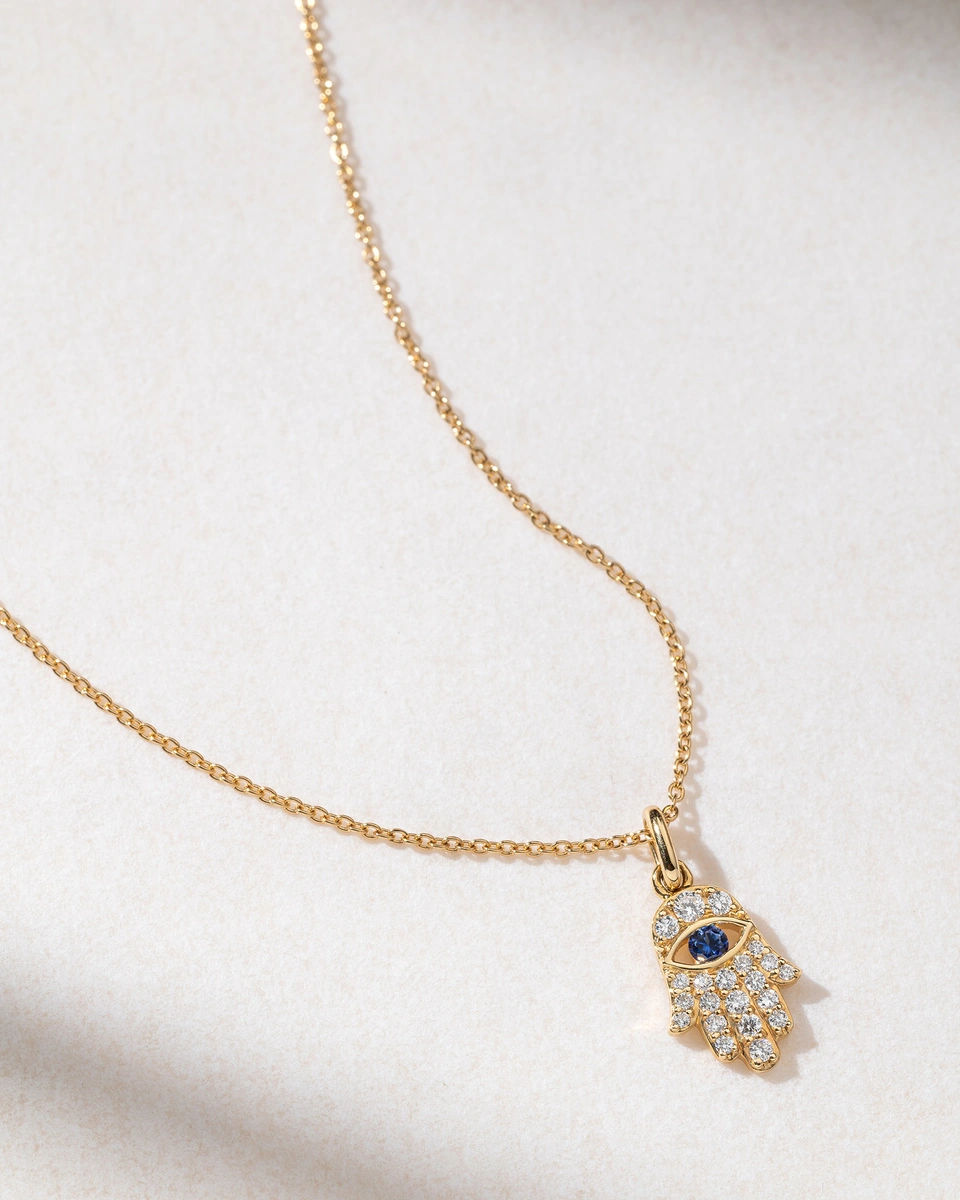 18K Yellow Gold Hand of Fatima with Diamonds and Sapphire