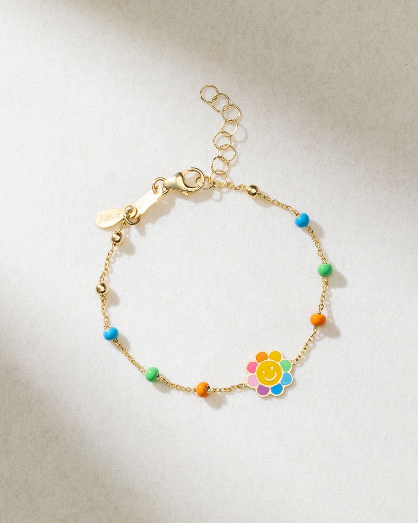 18K Yellow Gold Bracelet with Multicolor Beads and Enamel Flower