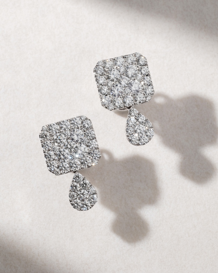 18K White Gold Square Drop Diamond Earrings